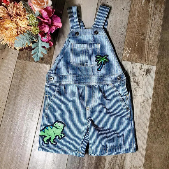 The Children's Place Baby Toddler Striped Dino Shortalls Size 2T - Picture 1 of 8